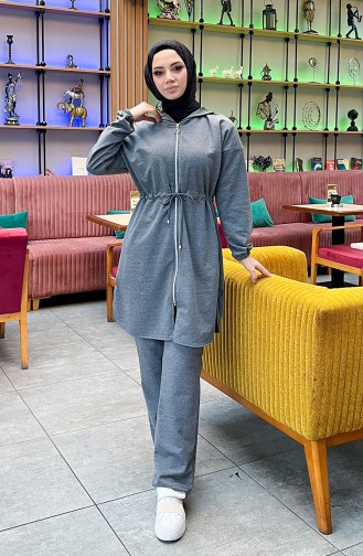 Two Thread Shirred Waist Tracksuit Set 03070-06 Anthracite 03070-06