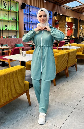 Two Thread Shirred Waist Tracksuit Set 03070-10 Green 03070-10