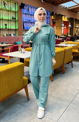 Two Thread Shirred Waist Tracksuit Set 03070-10 Green 03070-10