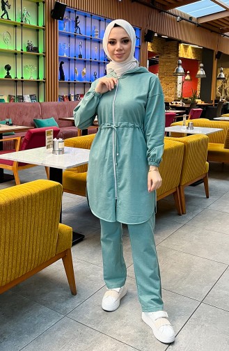 Two Thread Shirred Waist Tracksuit Set 03070-10 Green 03070-10