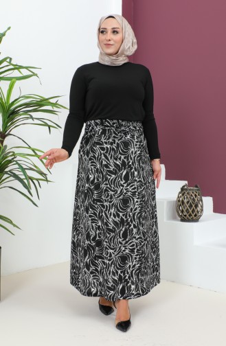 Plus Size Patterned Flared Skirt 4205-01 Black white 4205-01