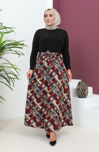 Plus Size Patterned Flared Skirt 4205a-01 Burgundy Gray 4205A-01