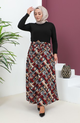 Plus Size Patterned Flared Skirt 4205a-01 Burgundy Gray 4205A-01