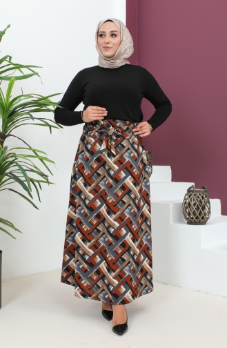 Plus Size Patterned Flared Skirt 4205A-03 Brick Gray 4205A-03