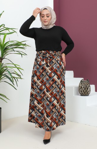 Plus Size Patterned Flared Skirt 4205A-03 Brick Gray 4205A-03