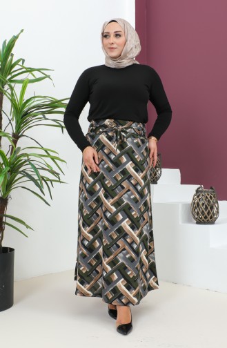 Plus Size Patterned Flared Skirt 4205A-04 Khaki Gray 4205A-04