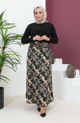 Plus Size Patterned Flared Skirt 4205A-04 Khaki Gray 4205A-04