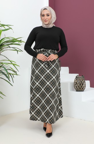 Plus Size Patterned Flared Skirt 4205B-04 Black Khaki 4205B-04