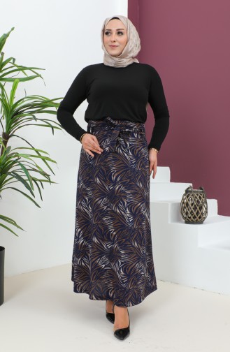 Plus Size Patterned Flared Skirt 4205c-02 Brown Navy Blue 4205C-02