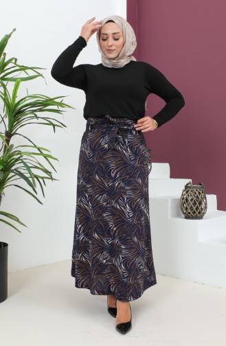 Plus Size Patterned Flared Skirt 4205c-02 Brown Navy Blue 4205C-02