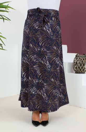 Plus Size Patterned Flared Skirt 4205c-02 Brown Navy Blue 4205C-02