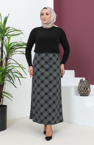 Plus Size Patterned Knitted Skirt 4207b-03 Emerald Green Black 4207B-03