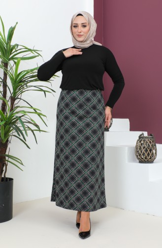 Plus Size Patterned Knitted Skirt 4207b-03 Emerald Green Black 4207B-03