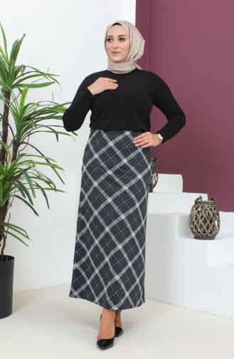 Plus Size Patterned Knitted Skirt 4207c-02 Petrol Black 4207C-02