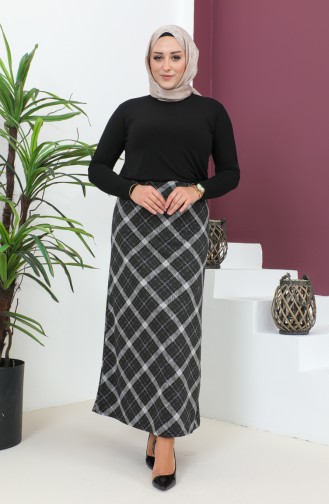 Plus Size Patterned Knitted Skirt 4207C-03 Khaki Black 4207C-03