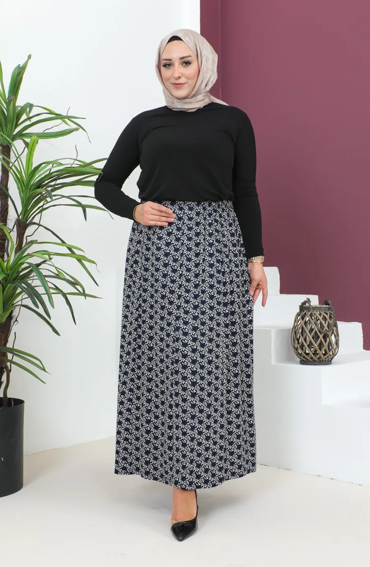 تنورة فيسكوز منقوش مقاس كبير 4360C-01  كحلي    4360C-01