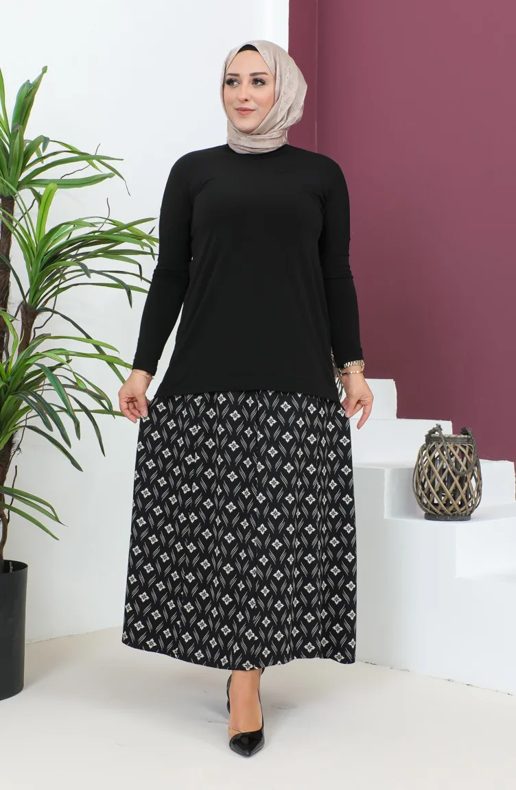 تنورة فيسكوز منقوش مقاس كبير 4360J-01 أسود  4360J-01