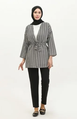 Desenli Kuşaklı Abaya 83005-01 Siyah Beyaz