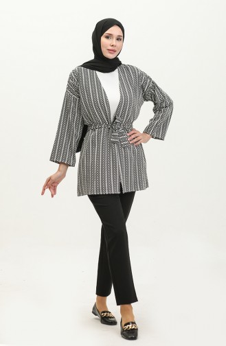 Patterned Belted Abaya 83005-01 Black white 83005-01