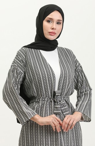 Patterned Belted Abaya 83005-01 Black white 83005-01