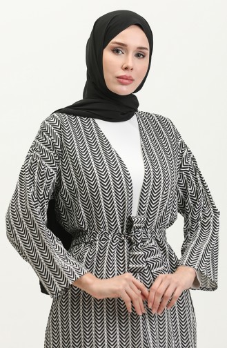 Desenli Kuşaklı Abaya 83005-01 Siyah Beyaz