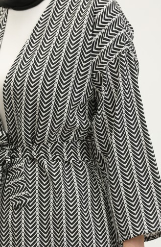 Desenli Kuşaklı Abaya 83005-01 Siyah Beyaz