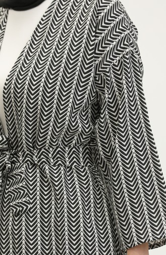 Abaya A Motifs Et Ceinturée 83005-01 Noir Blanc 83005-01