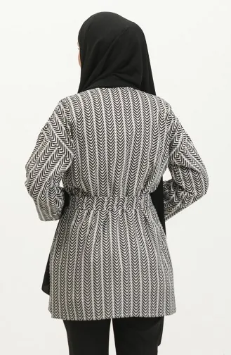 Desenli Kuşaklı Abaya 83005-01 Siyah Beyaz