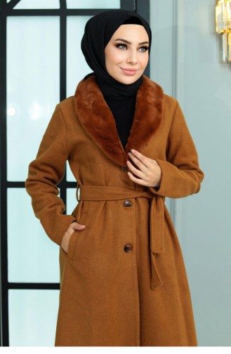 Wide Fur Collar Cashew Coat Brown 19174 15022