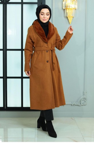 Wide Fur Collar Cashew Coat Brown 19174 15022