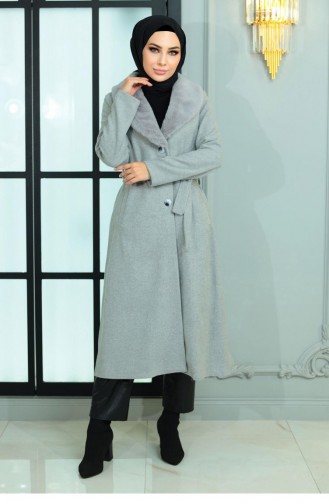 Manteau Cajou à Large Col En Fourrure Gris 19174 15024