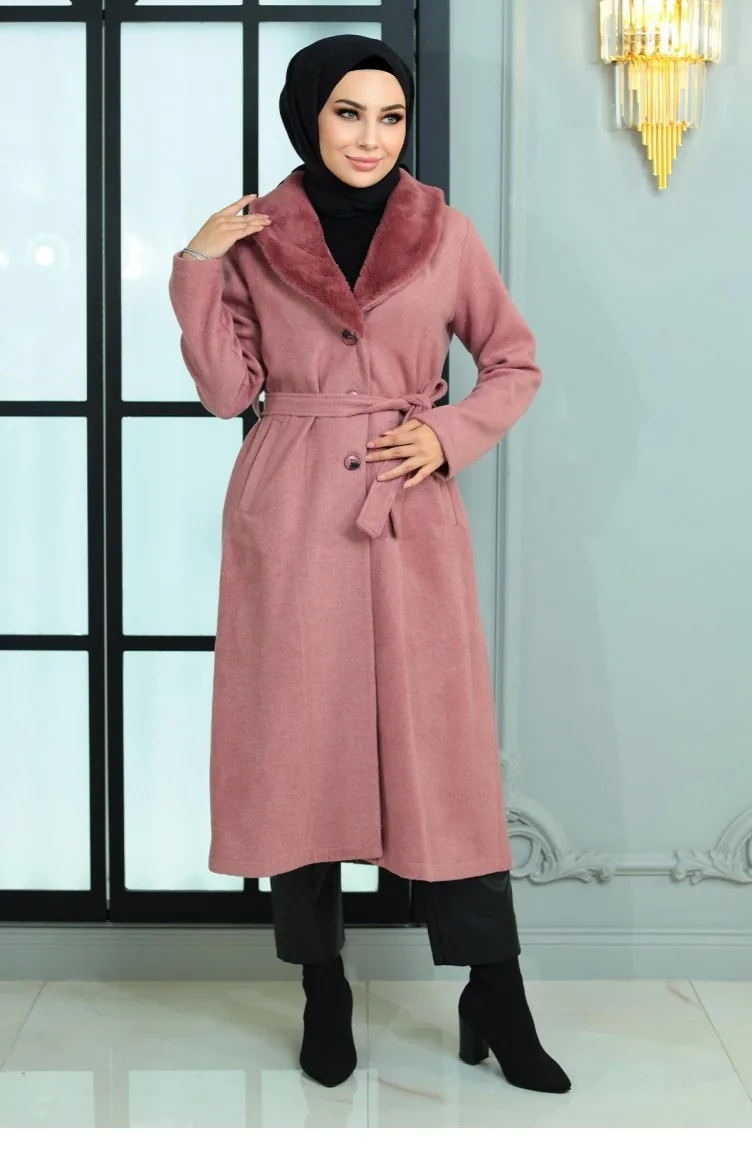 Wide Fur Collar Cashmere Coat Dusty Rose 19174 15025