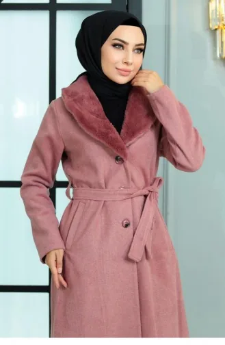 Wide Fur Collar Cashmere Coat Dusty Rose 19174 15025