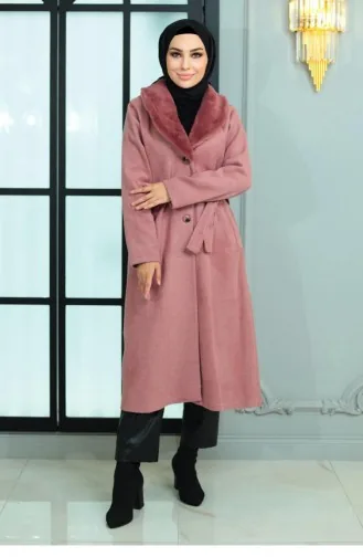 Wide Fur Collar Cashmere Coat Dusty Rose 19174 15025
