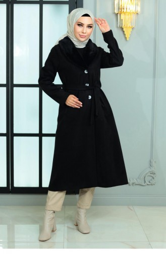 Manteau Cajou à Large Col En Fourrure Noir 19174 15026