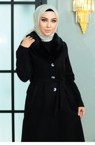 Wide Fur Collar Cashew Coat Black 19174 15026