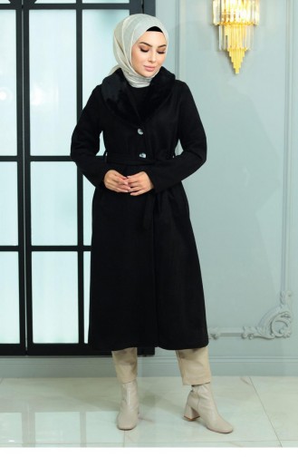 Wide Fur Collar Cashew Coat Black 19174 15026