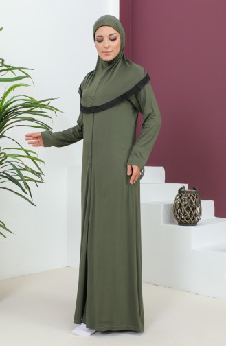 فستان الصلاة فيسكوز بحجاب 4485-02 أخضر عسكري  4485-02