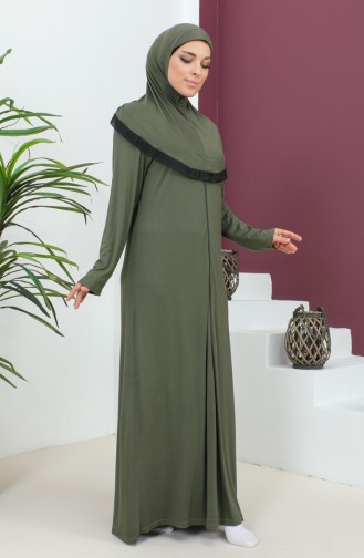 فستان الصلاة فيسكوز بحجاب 4485-02 أخضر عسكري  4485-02
