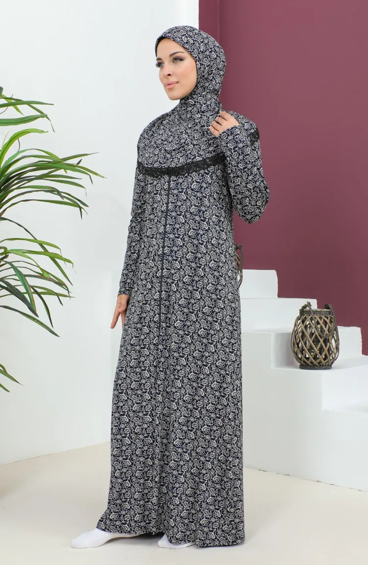 Robe De Prière En Viscose à Motifs 4487D-02 Bleu Marine 4487D-02