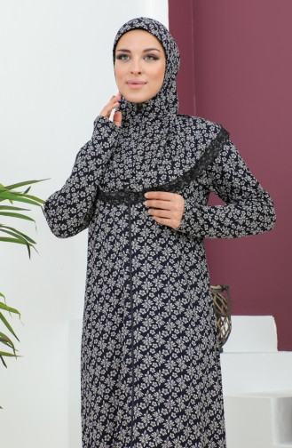 Patterned Viscose Prayer Dress 4487e-01 Navy Blue 4487E-01