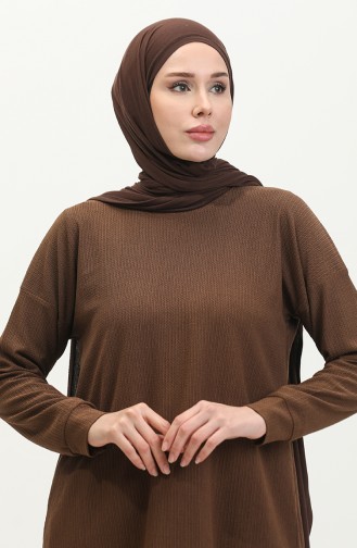 Bürümcük Kumaş Tunik Pantolon İkili Takım 20036-06 Kahverengi