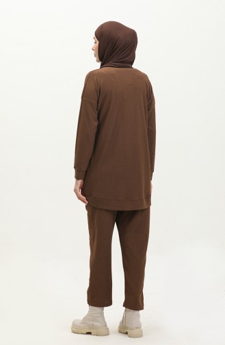 Bürümcük Kumaş Tunik Pantolon İkili Takım 20036-06 Kahverengi