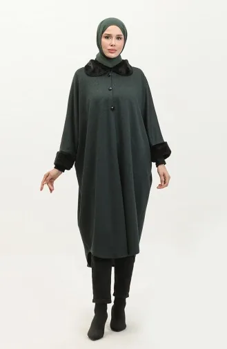 Fur Buttoned Poncho 1551-06 Emerald Green 1551-06