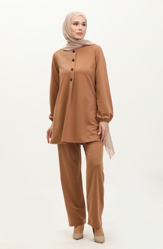 Doppelter Hijab-Anzug Mit Steindetail 8071-1 80711-02 Hellbraun 80711-02