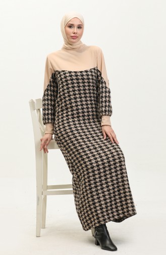 Houndstooth Patterned Dress 0183-07 Beige Black 0183-07