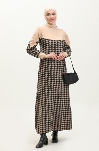 Houndstooth Patterned Dress 0183-07 Beige Black 0183-07