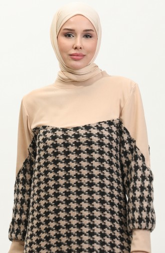 Houndstooth Patterned Dress 0183-07 Beige Black 0183-07