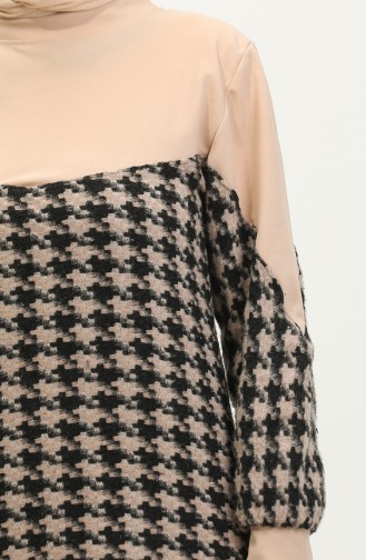 Houndstooth Patterned Dress 0183-07 Beige Black 0183-07