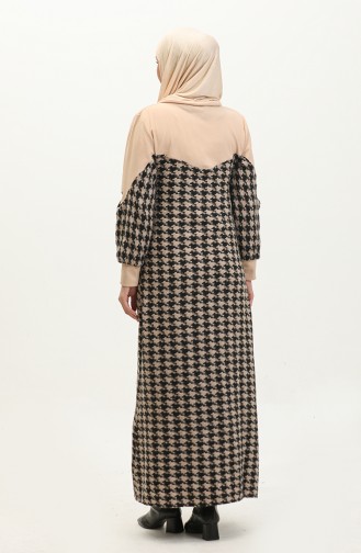 Houndstooth Patterned Dress 0183-07 Beige Black 0183-07